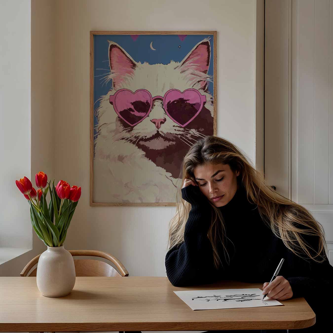 Hippe Kat met Roze Zonnebril Poster-WallArtistic