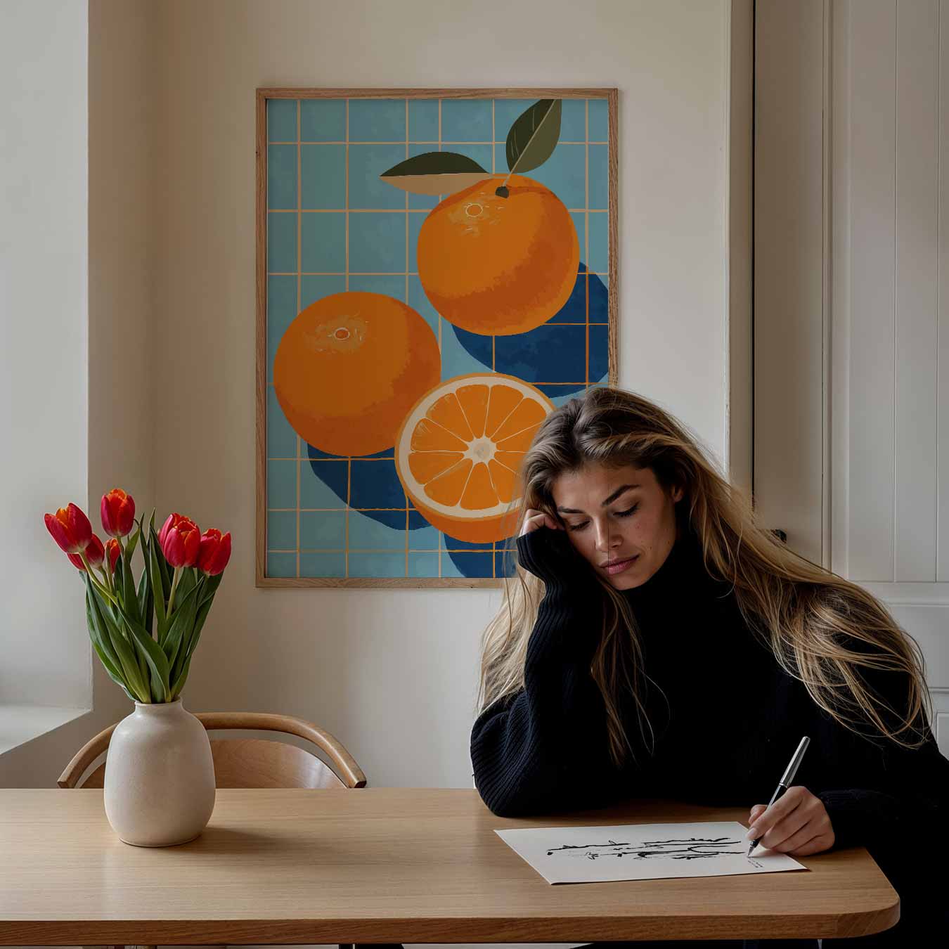 Zonnige Sinaasappels op Blauwe Tegels Poster