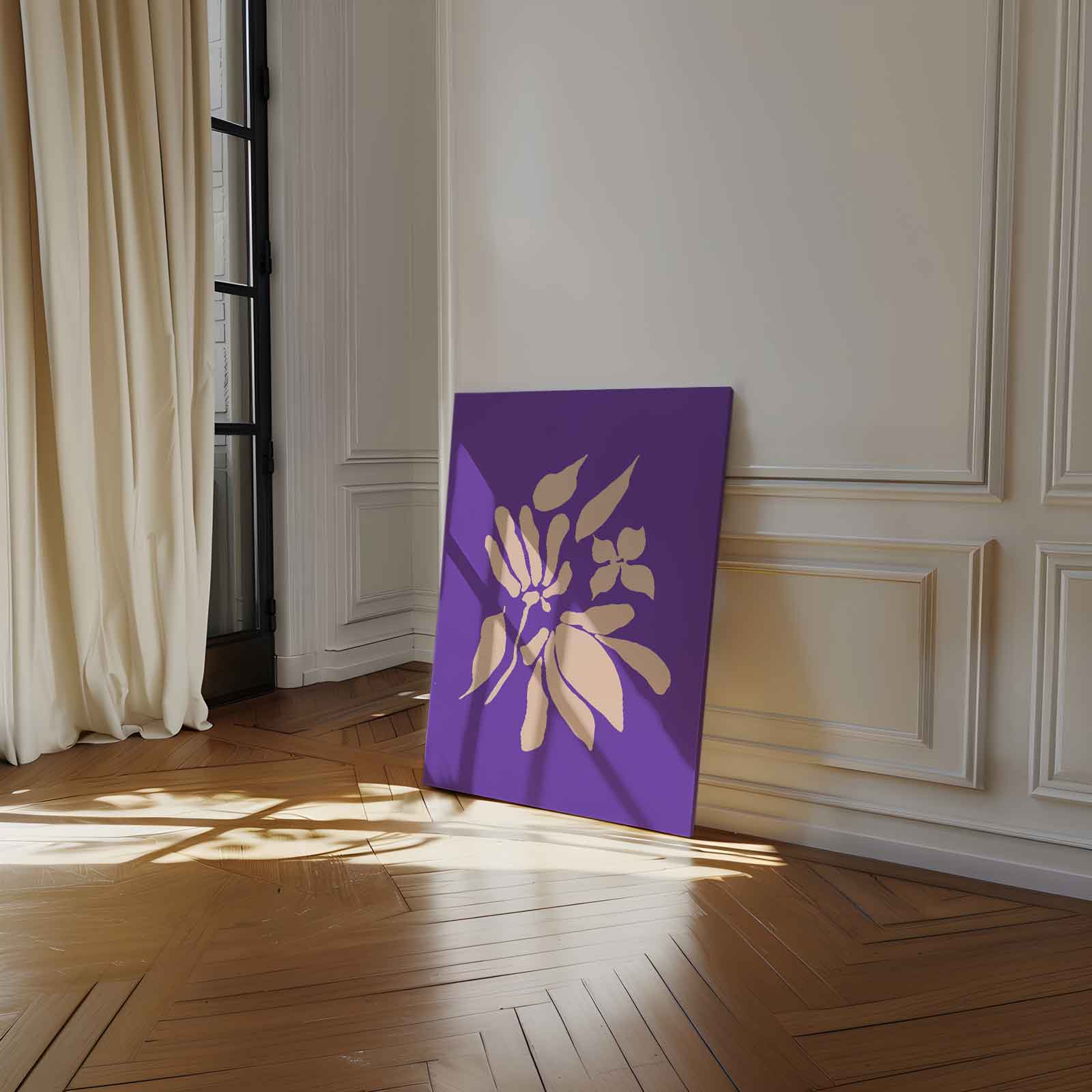 Bloemige Abstractie op Paarse Achtergrond Kunstwerk-canvas-dibond-plexiglas-wanddecoratie-WallArtistic