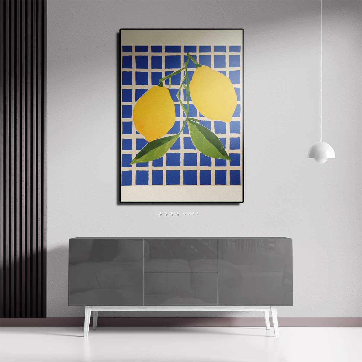 Citroenen op Blauw Geruit Kunstwerk-canvas-dibond-plexiglas-wanddecoratie-WallArtistic