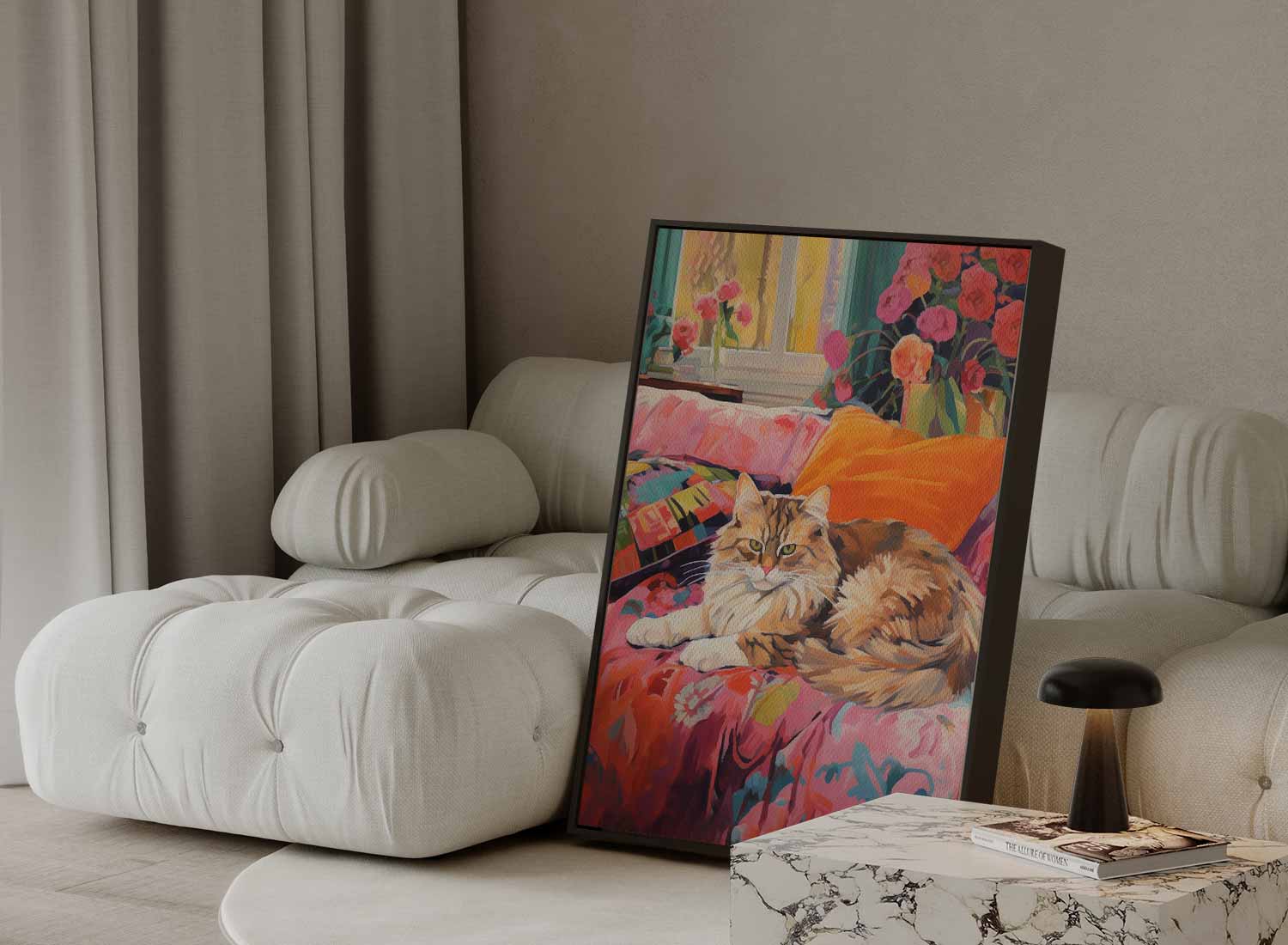 Kat op Bloemenbank Kunstwerk-canvas-dibond-plexiglas-wanddecoratie-WallArtistic