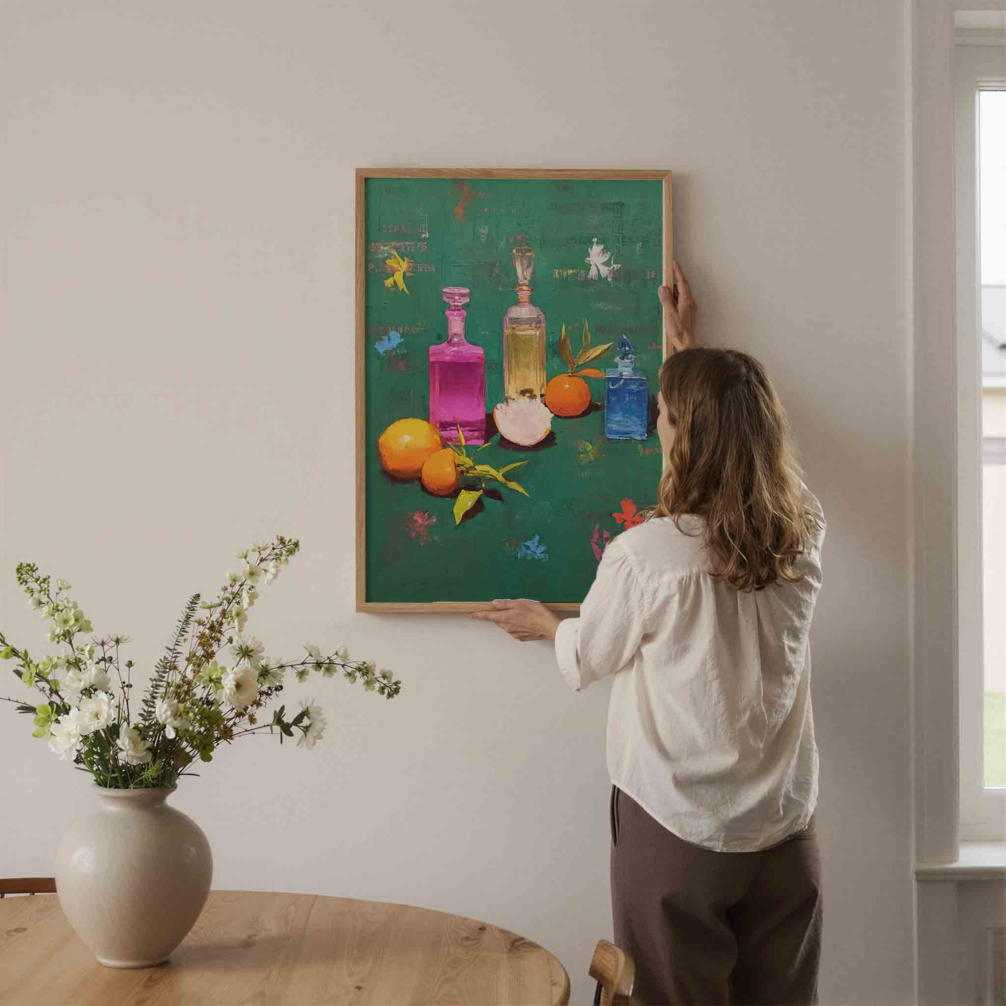 Gekleurd flessen en sinaasappels Poster