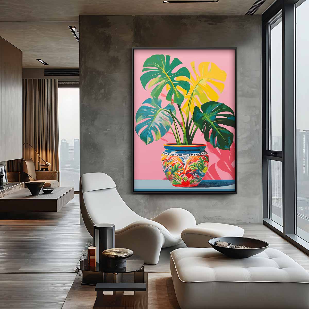 Tropische Monstera in Vrolijke Pot Kunstwerk-canvas-dibond-plexiglas-wanddecoratie-WallArtistic