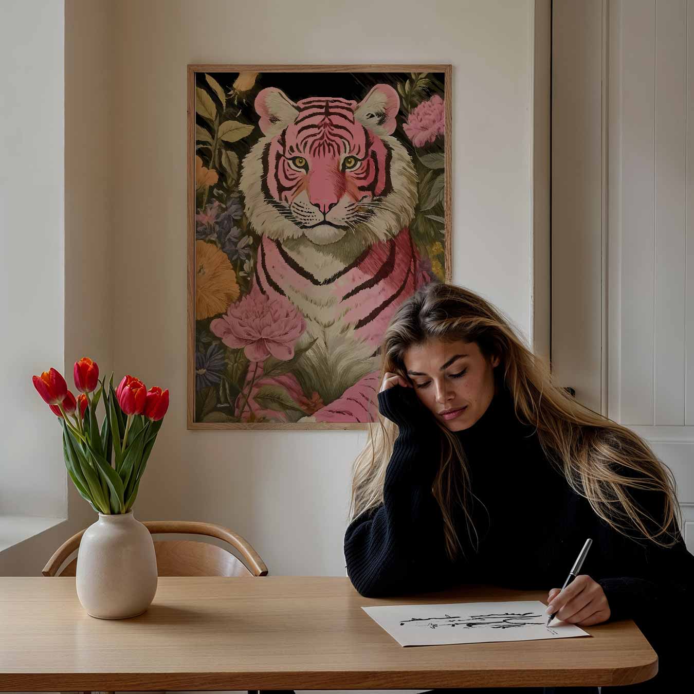 Roze Tijger met Bloemen Poster