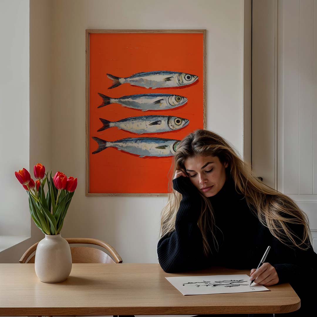 Vier Visjes op een Rijk Oranje Canvas Poster-WallArtistic