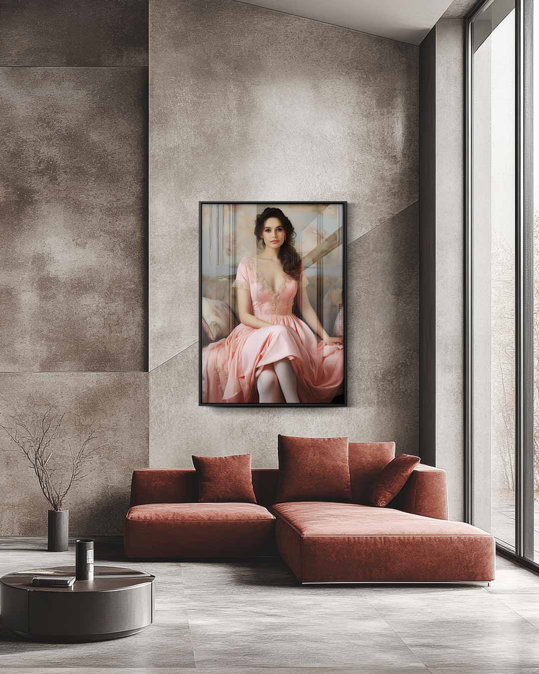 Dromerige Dame in Roze Jurk Kunstwerk-canvas-dibond-plexiglas-wanddecoratie-WallArtistic