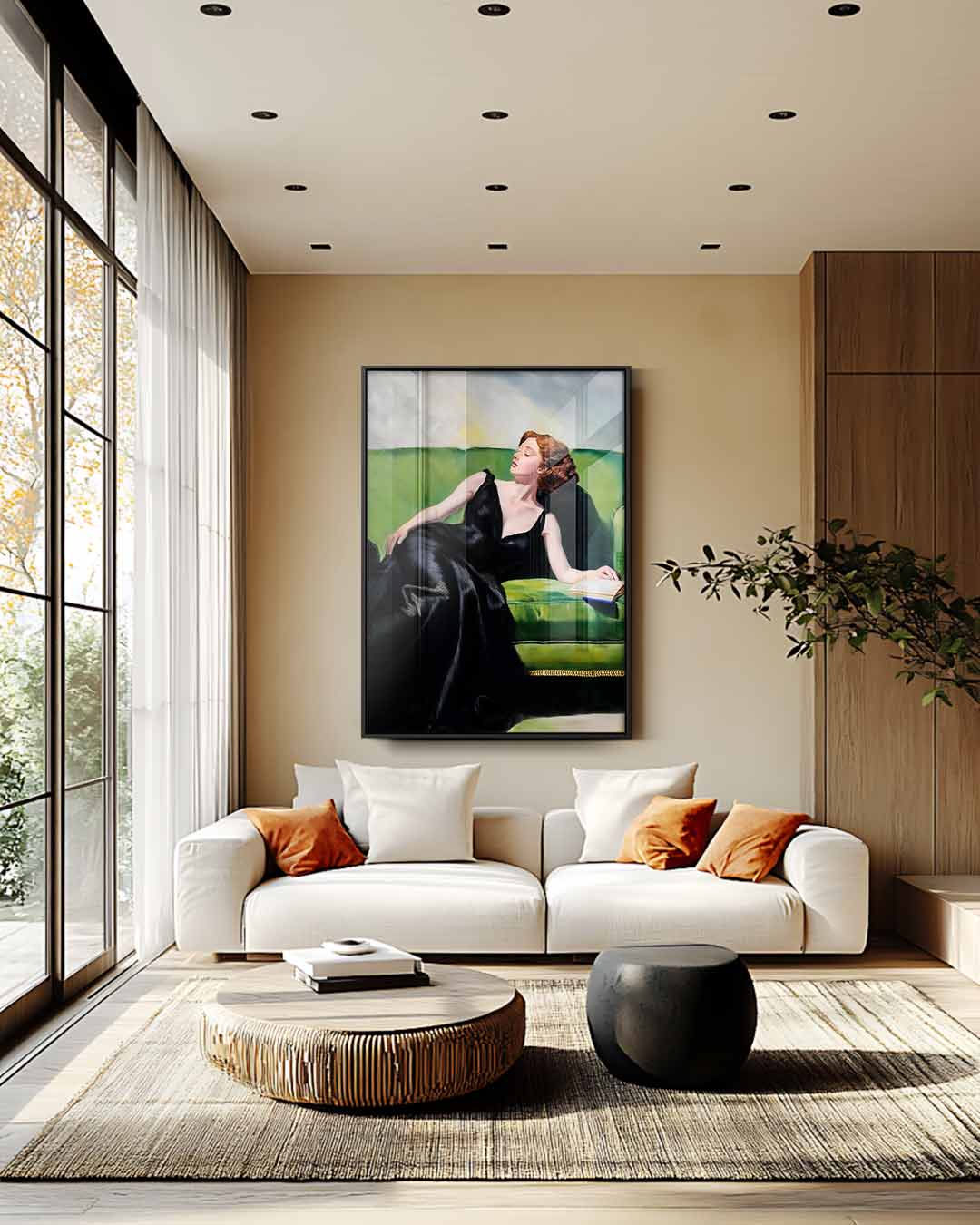 Vrouw Op Groene Bank Kunstwerk-canvas-dibond-plexiglas-wanddecoratie-WallArtistic