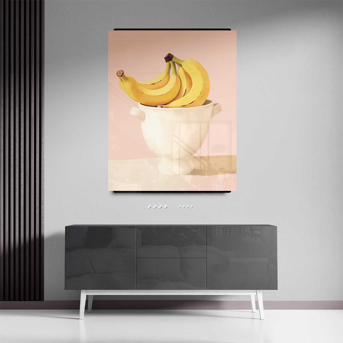 Bananen in een Witte Kom op Roze Achtergrond Kunstwerk-canvas-dibond-plexiglas-wanddecoratie-WallArtistic