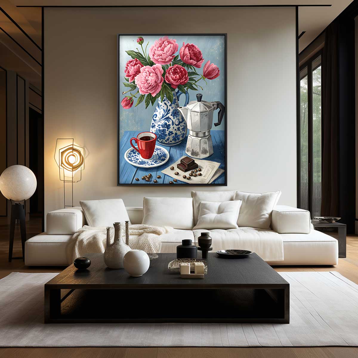 Bloemen en Koffie Stilleven Kunstwerk-canvas-dibond-plexiglas-wanddecoratie-WallArtistic