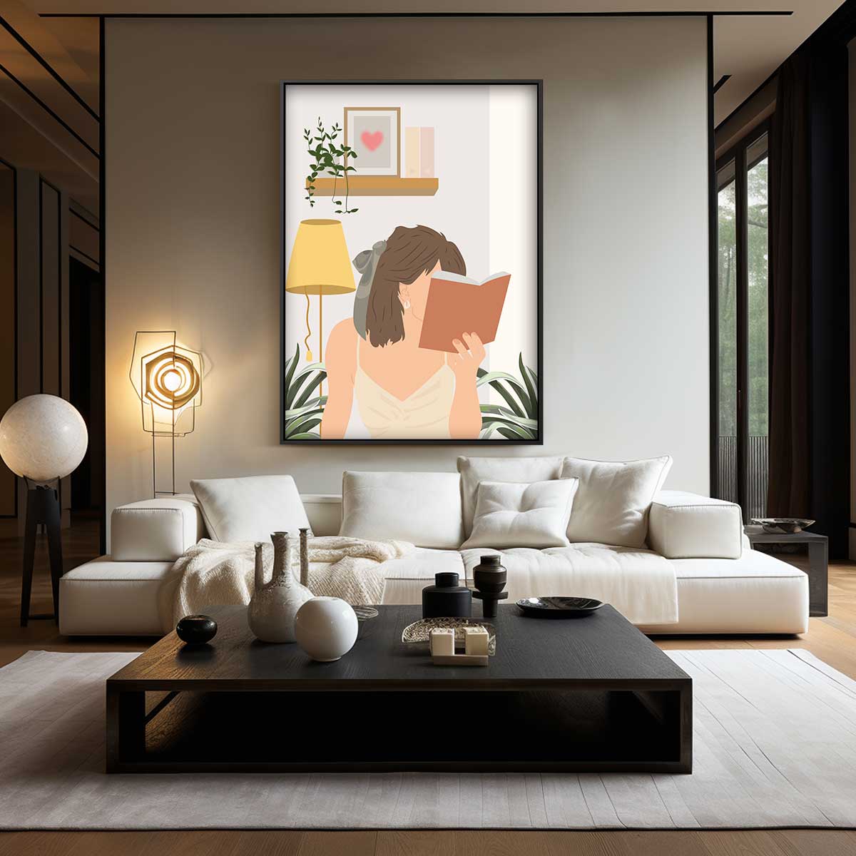Lezende Vrouw in een Gezellige Kamer Kunstwerk-canvas-dibond-plexiglas-wanddecoratie-WallArtistic