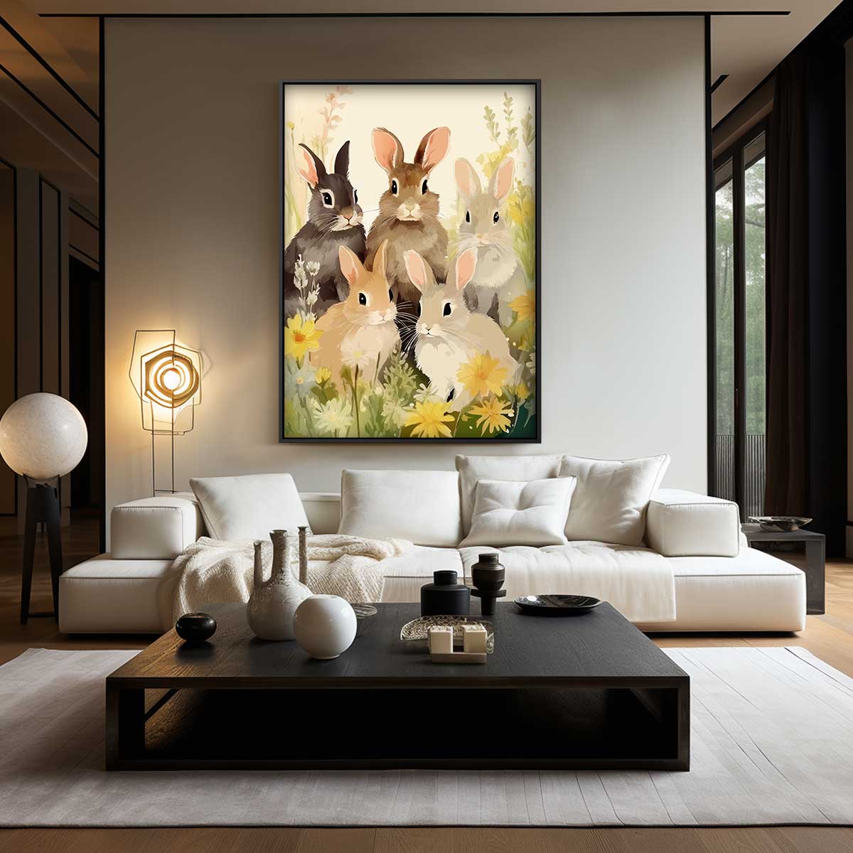 Konijnen in Bloemenveld Kunstwerk-canvas-dibond-plexiglas-wanddecoratie-WallArtistic