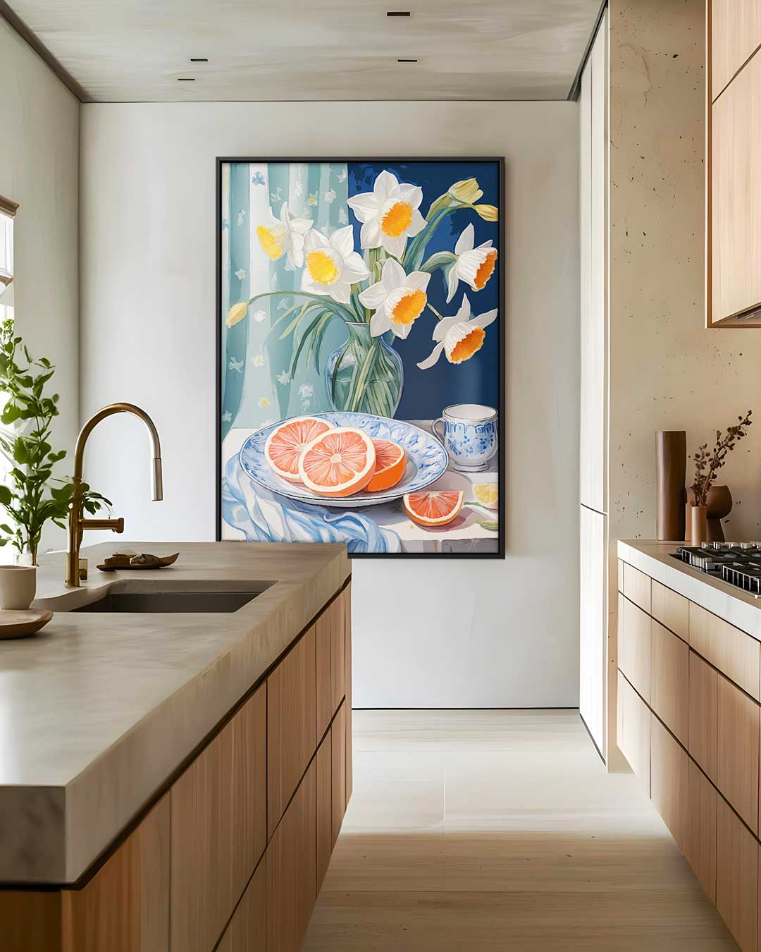 Lente Stilleven met Narcissen en Grapefruit Kunstwerk-canvas-dibond-plexiglas-wanddecoratie-WallArtistic