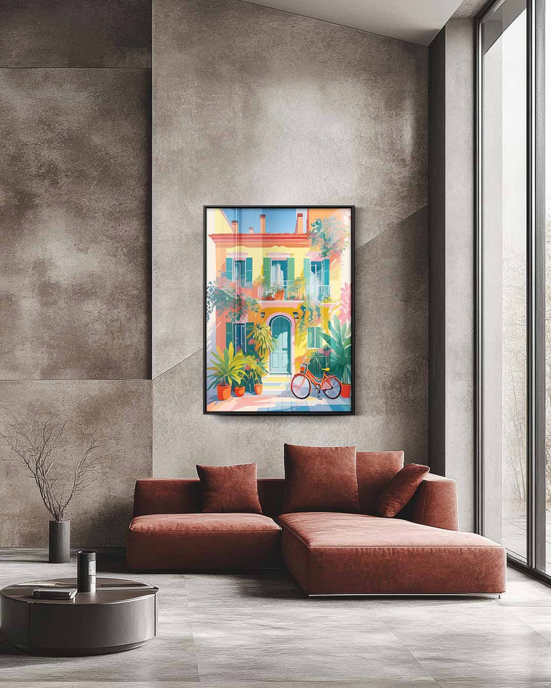 Zomerse gevel met fiets Kunstwerk-canvas-dibond-plexiglas-wanddecoratie-WallArtistic