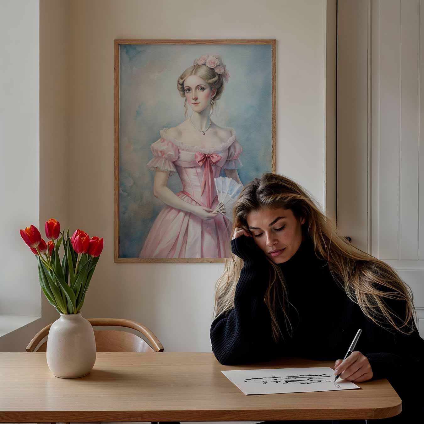 Victoriaanse Dame in Roze Jurk Poster-WallArtistic