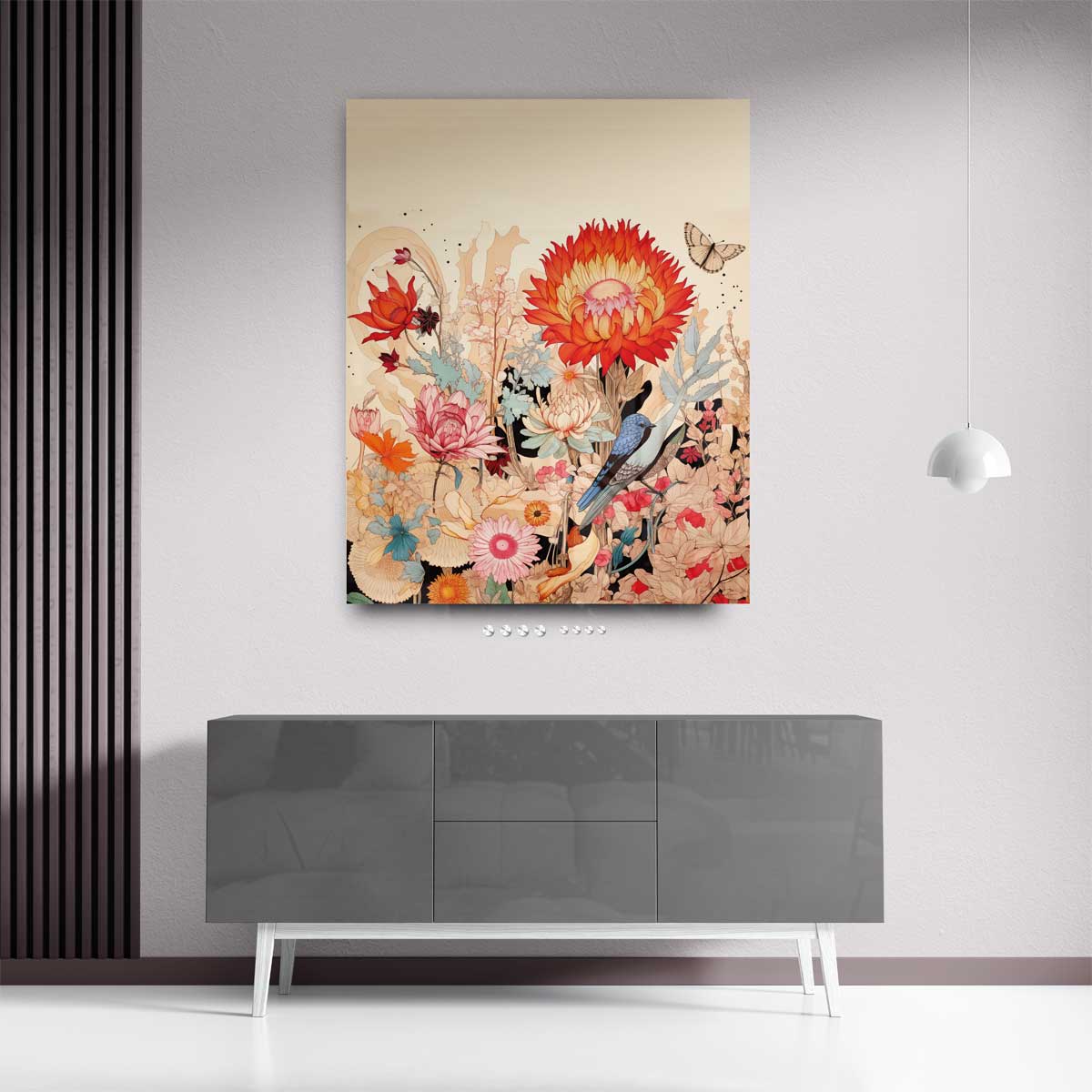 Vrolijke Bloemnatuur met Blauwe Vogel Kunstwerk-canvas-dibond-plexiglas-wanddecoratie-WallArtistic