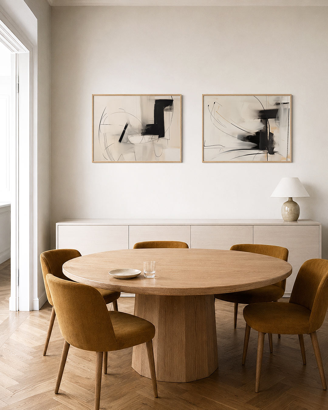 Twee liggende posters met zwarte vlakken en fijne grijstinten, aan de muur in een interieur