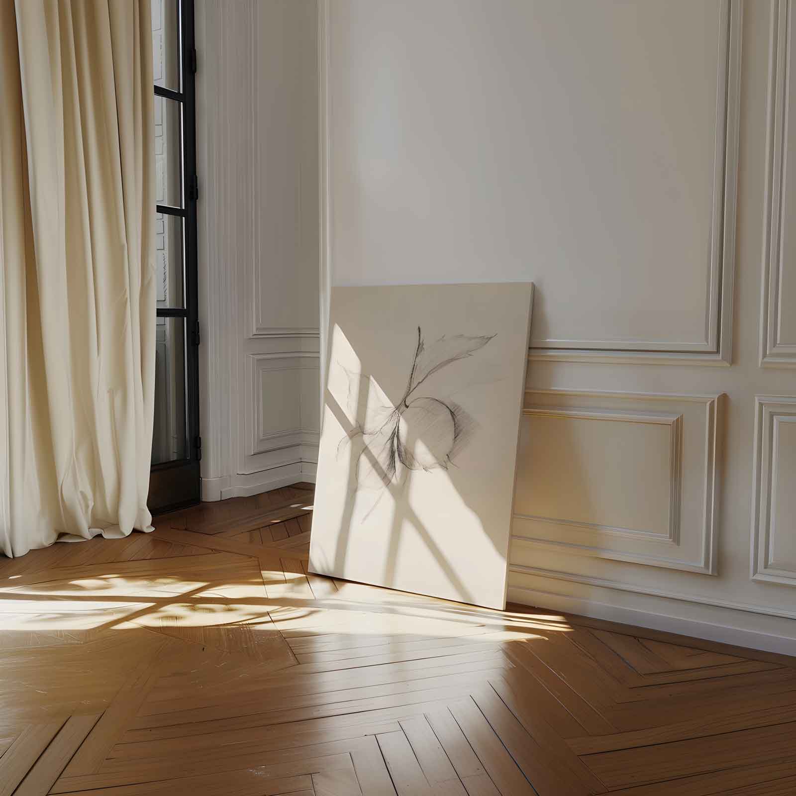 Minimalistische Potloodtekening van Blad en Vrucht Kunstwerk-canvas-dibond-plexiglas-wanddecoratie-WallArtistic