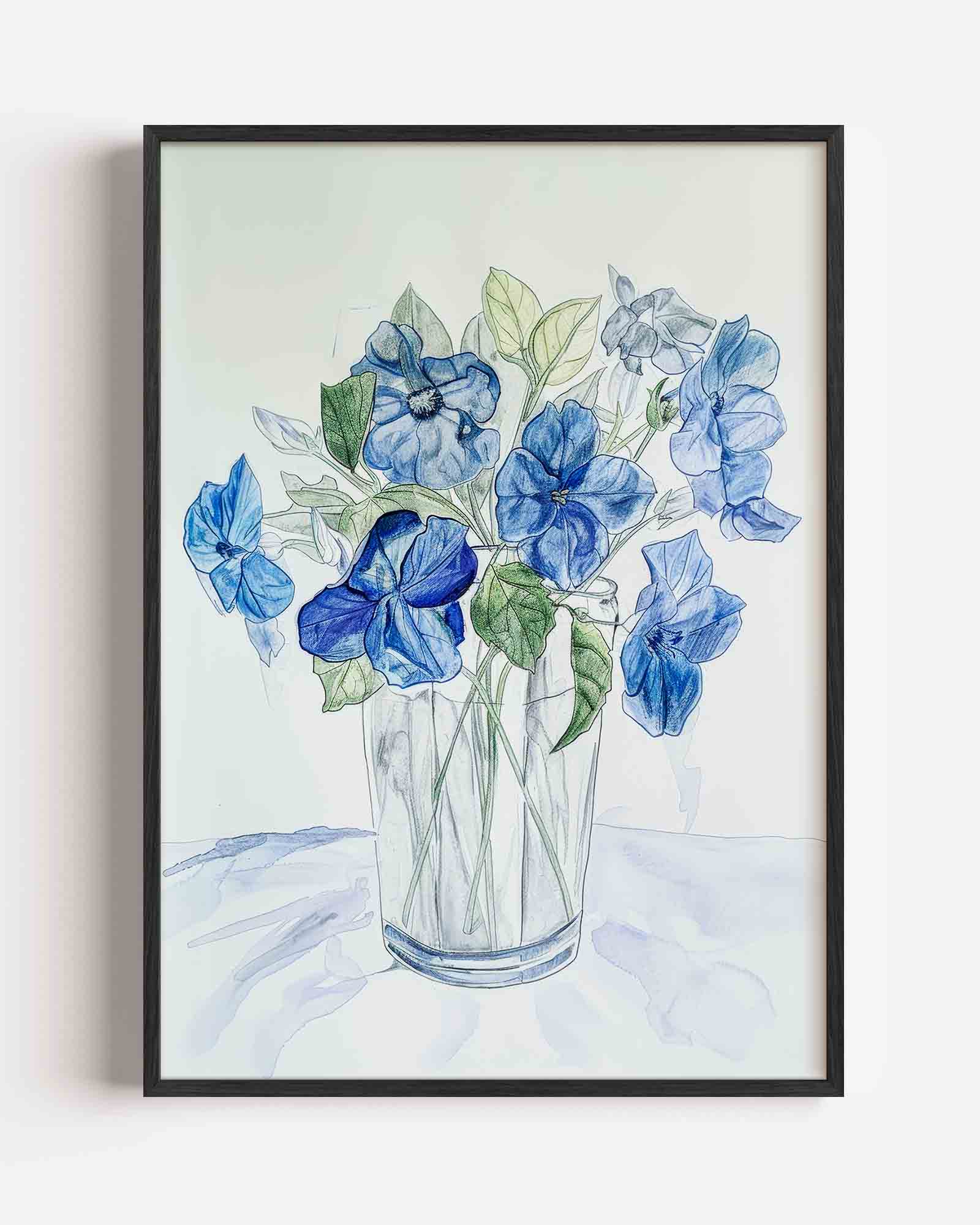 Blauwe bloemen in vaas Poster