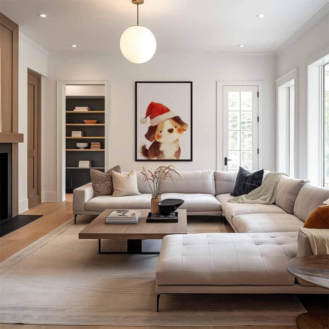 Schattige Kerst Puppy Illustratie Kunstwerk-canvas-dibond-plexiglas-wanddecoratie-WallArtistic