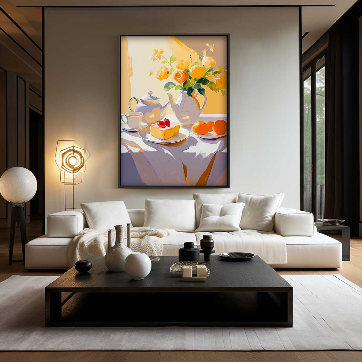 Zonovergoten Stilleven met Bloemen en Thee Kunstwerk-canvas-dibond-plexiglas-wanddecoratie-WallArtistic