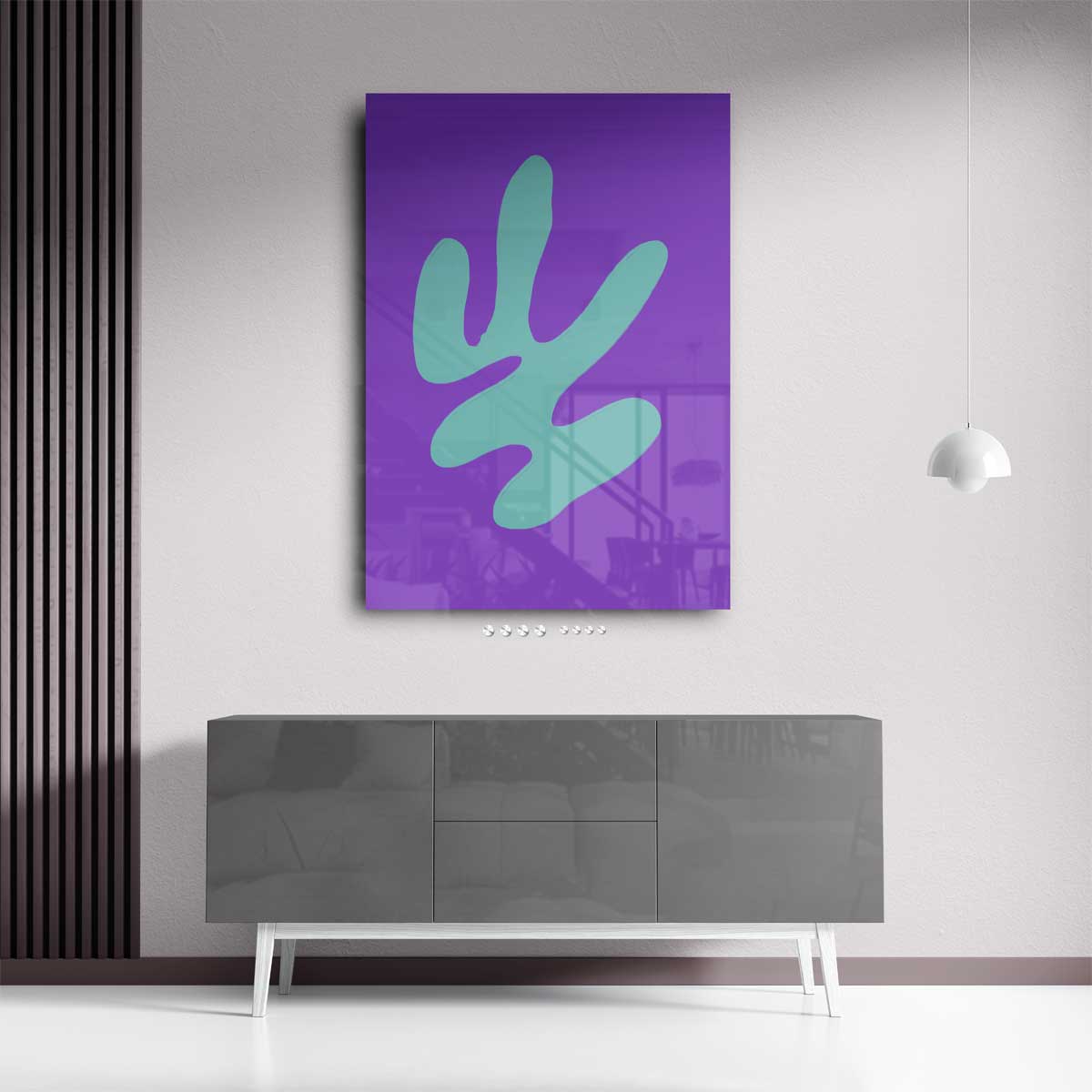 Abstracte Blauwe Vormen op Paars Kunstwerk-canvas-dibond-plexiglas-wanddecoratie-WallArtistic