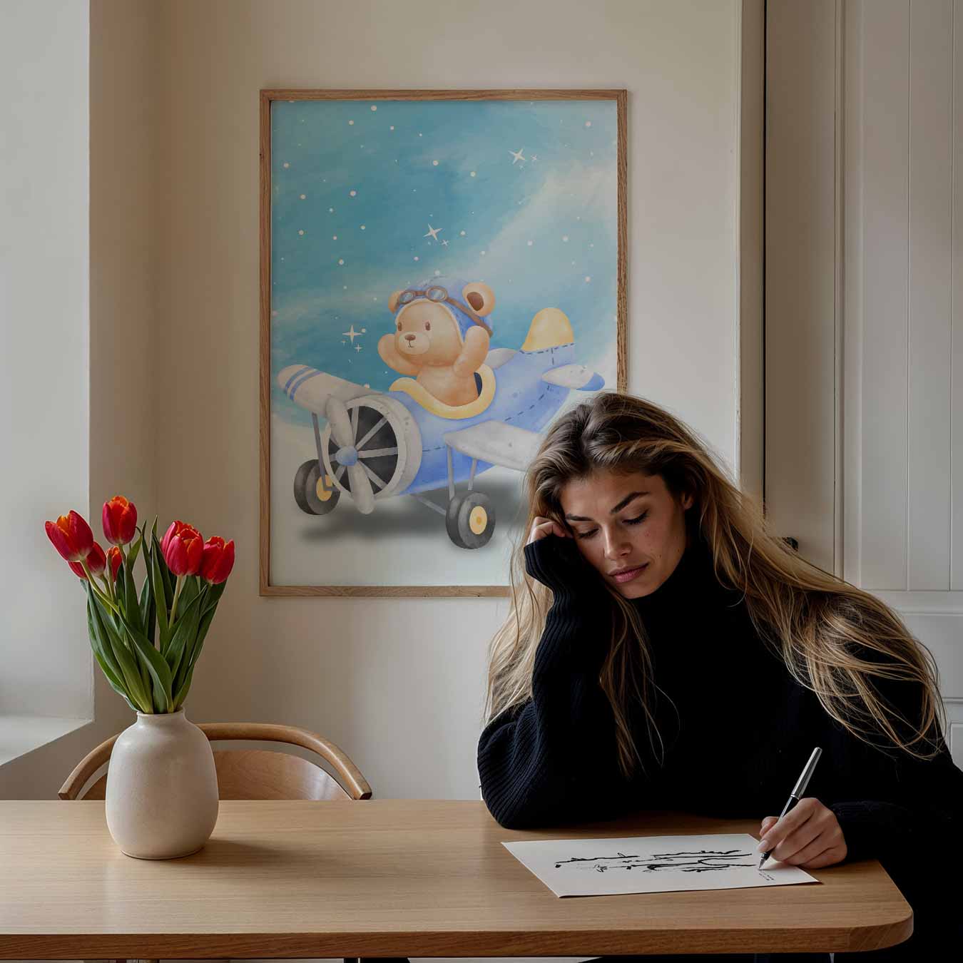 Beer in Vliegtuig Poster-WallArtistic