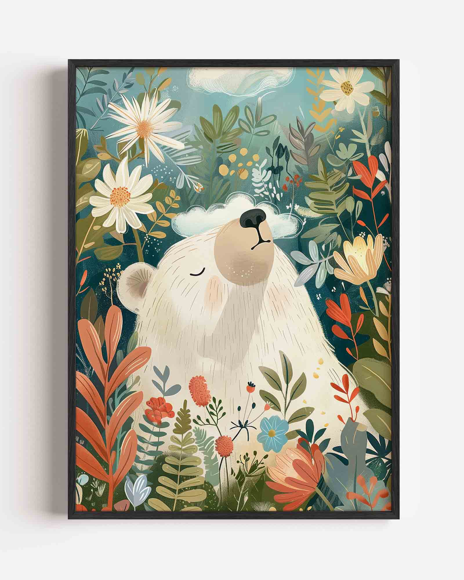 Beer tussen bloemen Poster