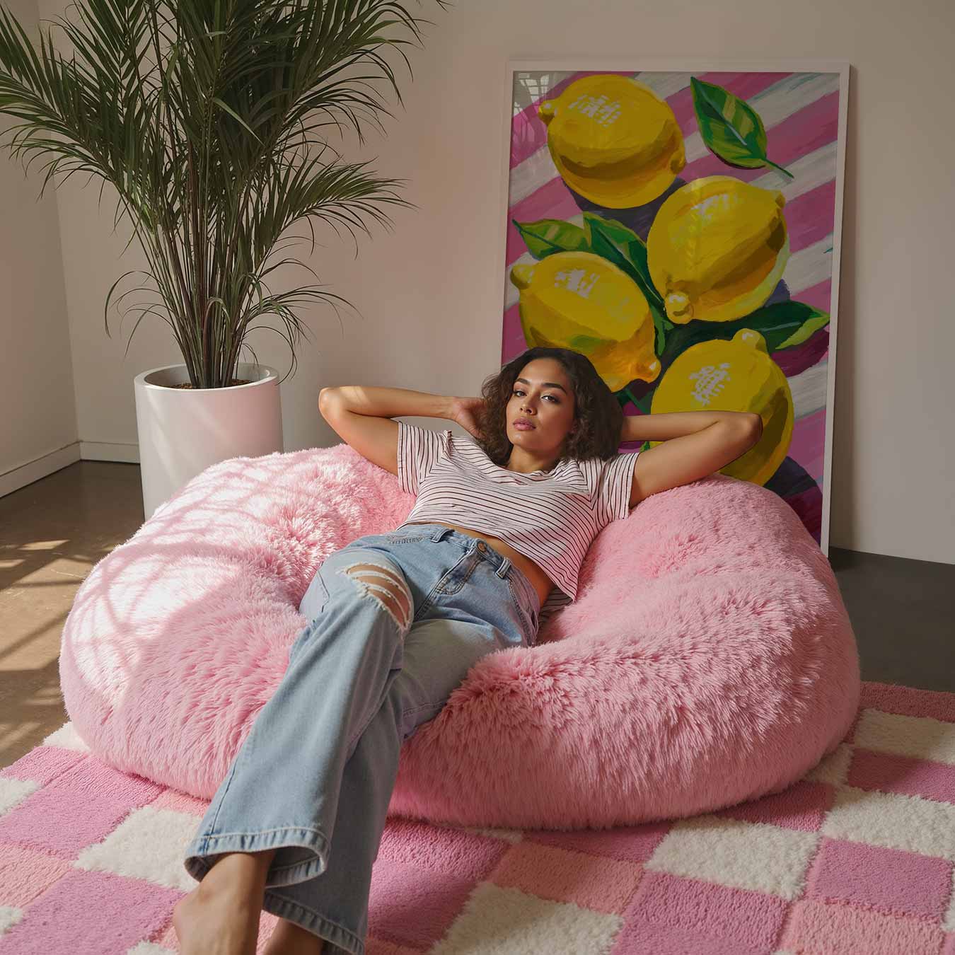 Vrolijke Citroenen op Roze Strepen Poster-WallArtistic