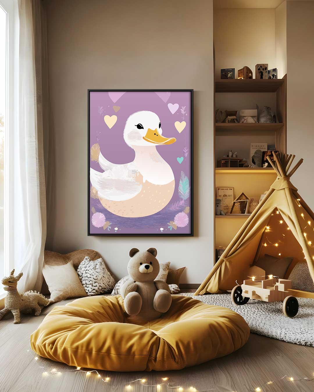 Schattige Eend op Paarse Achtergrond Kunstwerk-canvas-dibond-plexiglas-wanddecoratie-WallArtistic