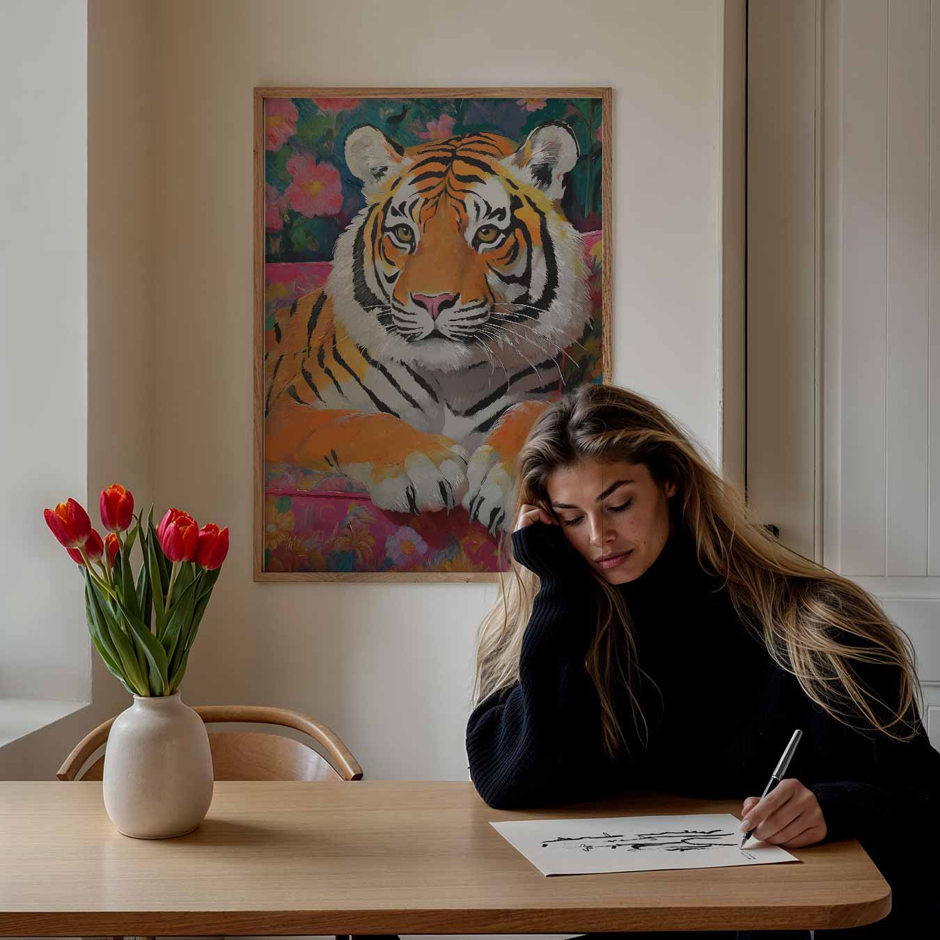 Kleurrijke Tijger op Bloemenbank Poster