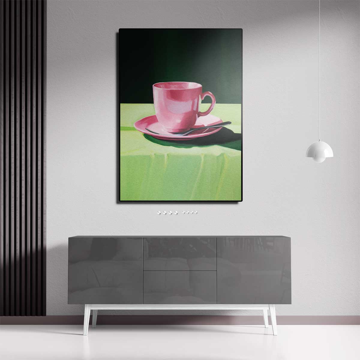 Roze Kopje op Groen Tafellaken Kunstwerk-canvas-dibond-plexiglas-wanddecoratie-WallArtistic