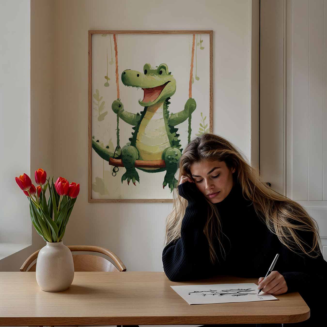 Vrolijke Krokodil op Schommel Poster-WallArtistic