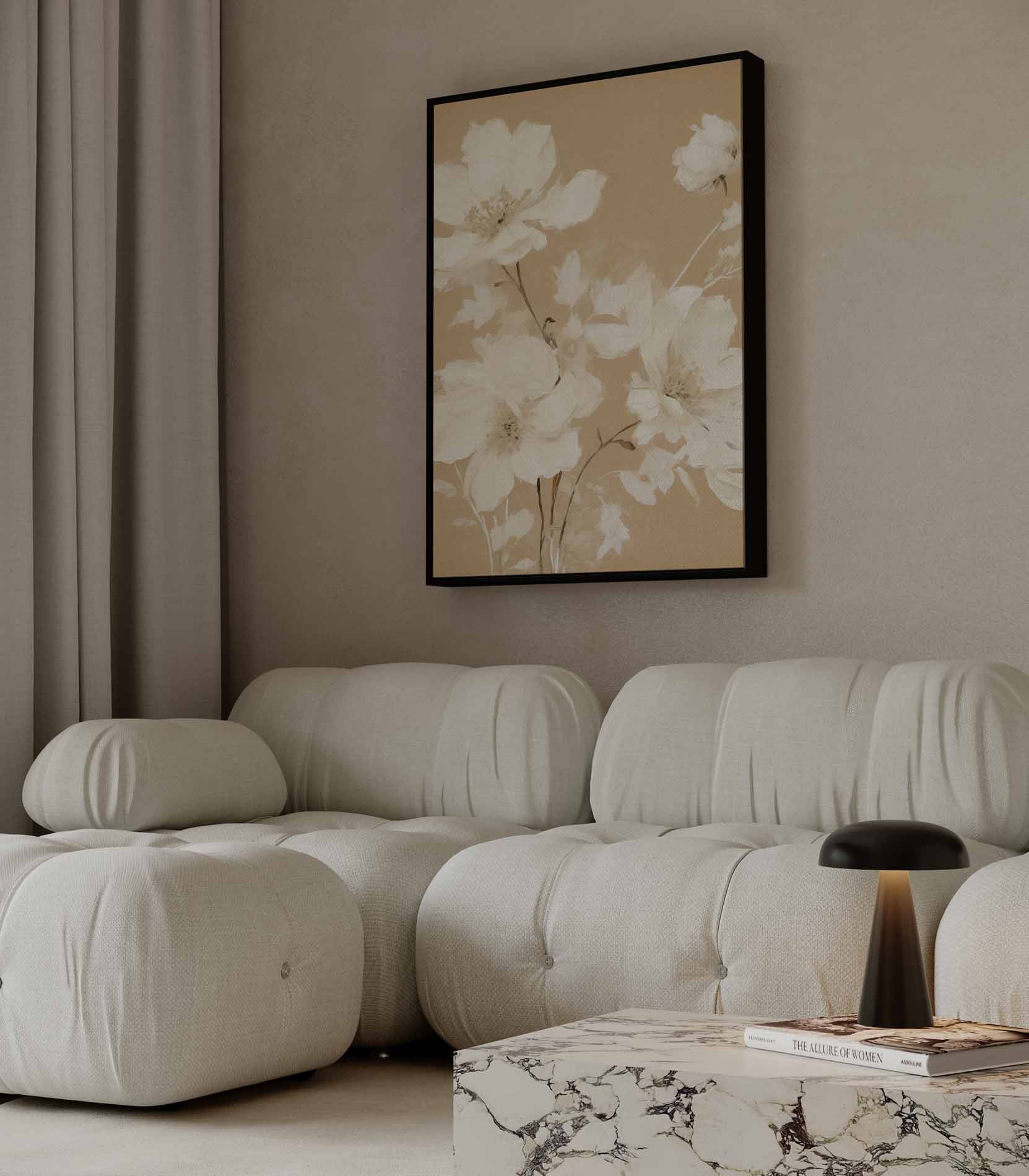 Zachte Bloemendroom op Beige Kunstwerk-canvas-dibond-plexiglas-wanddecoratie-WallArtistic