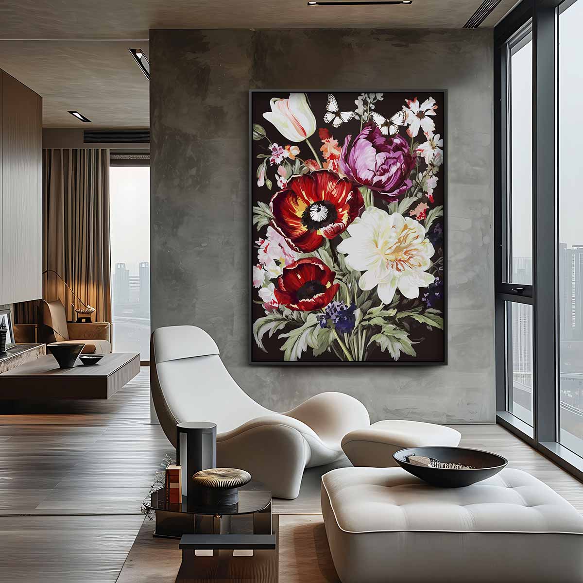 Bloemen en Vlinders Schilderij Kunstwerk-canvas-dibond-plexiglas-wanddecoratie-WallArtistic
