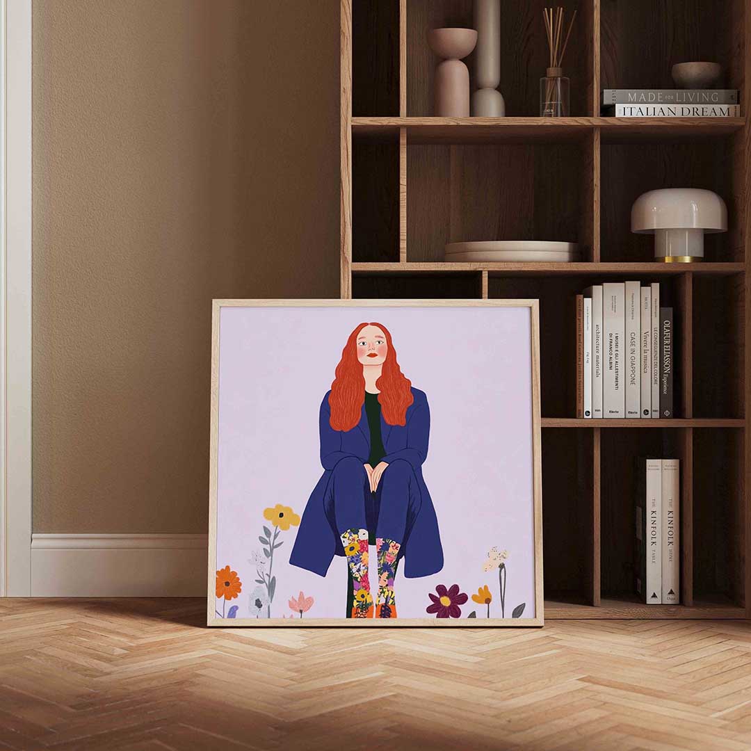 Vrouw met bloemenlaarzen Poster