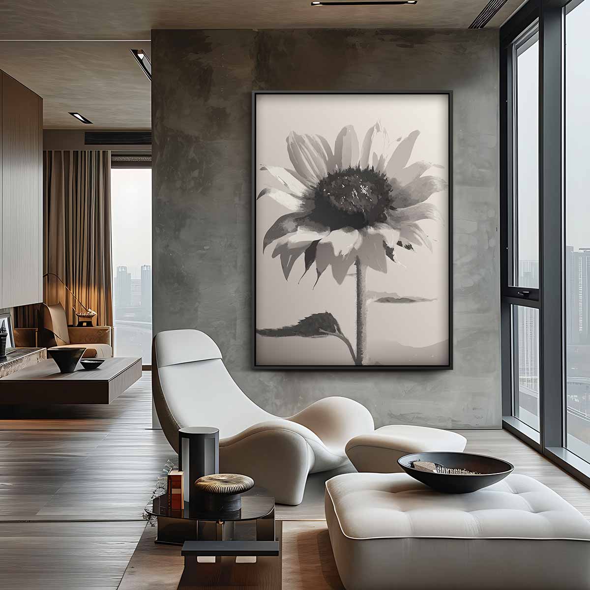 Zwart-witte Zonnebloem Kunstwerk-canvas-dibond-plexiglas-wanddecoratie-WallArtistic
