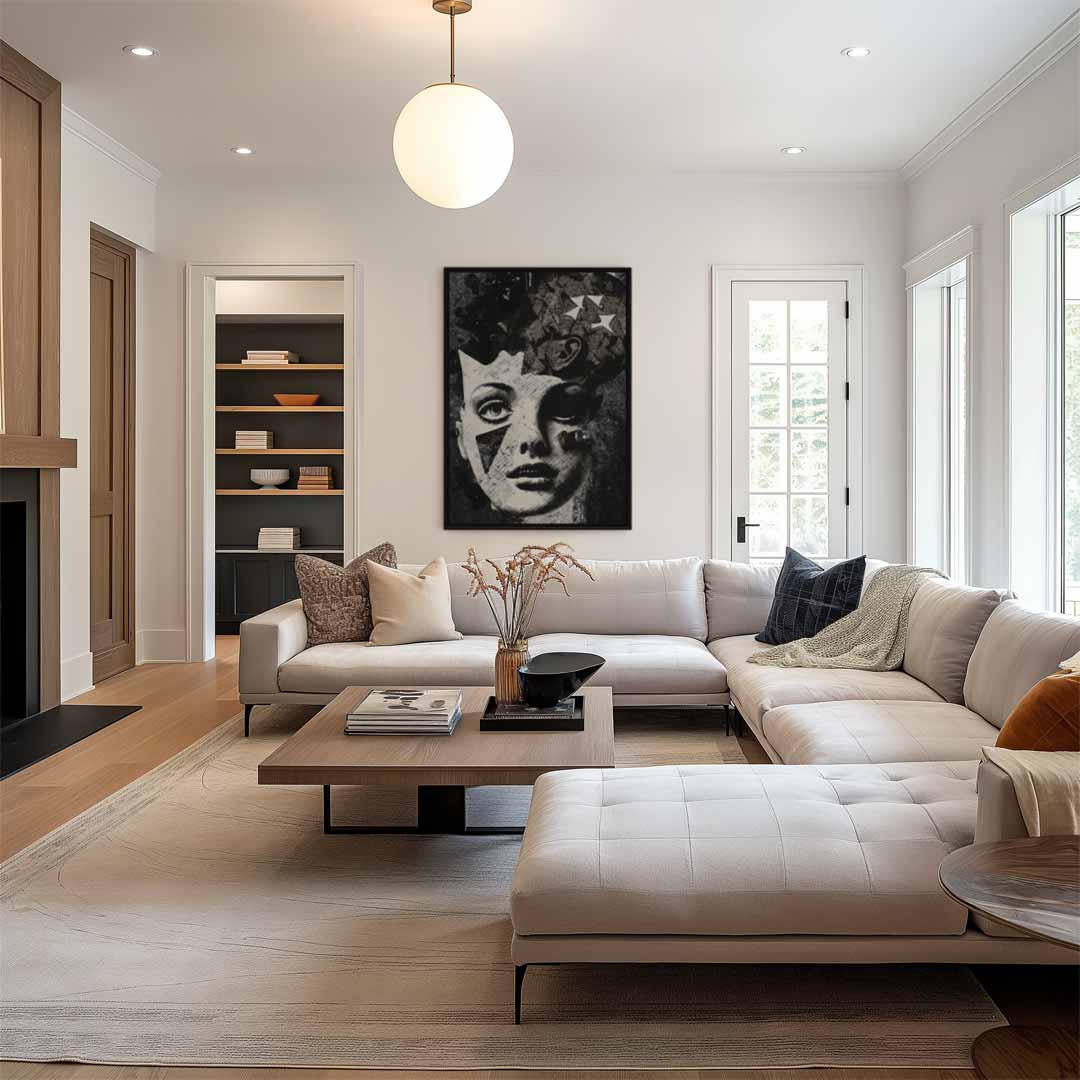 Surrealistische Collage Vrouwengezicht Kunstwerk-canvas-dibond-plexiglas-wanddecoratie-WallArtistic