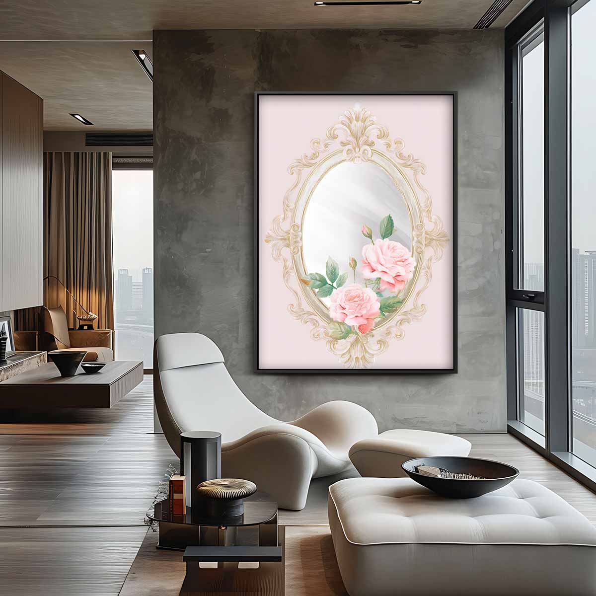 Vintage Spiegel met Rozen Kunstwerk-canvas-dibond-plexiglas-wanddecoratie-WallArtistic