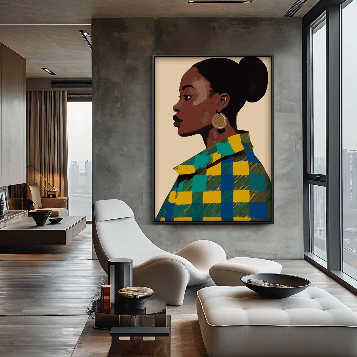 Vrouw in Vrolijk Patroon Kunstwerk-canvas-dibond-plexiglas-wanddecoratie-WallArtistic