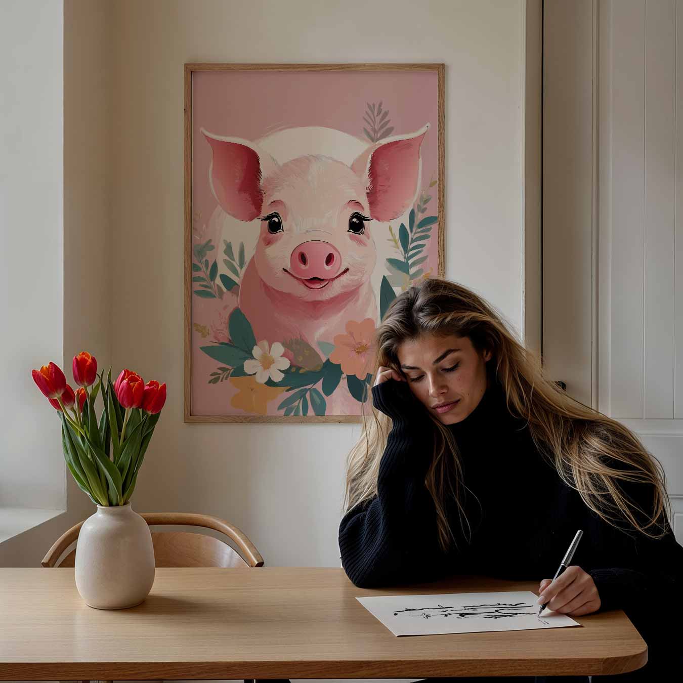 Schattige Varkensposter met Bloemen Poster