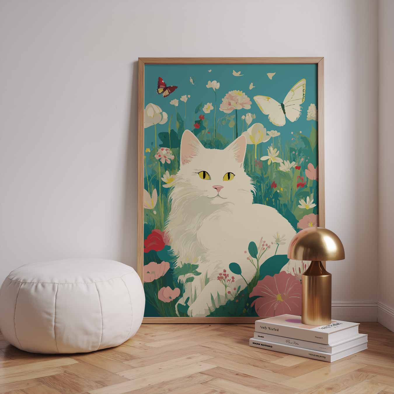 Vrolijke Kat in Bloementuin Poster