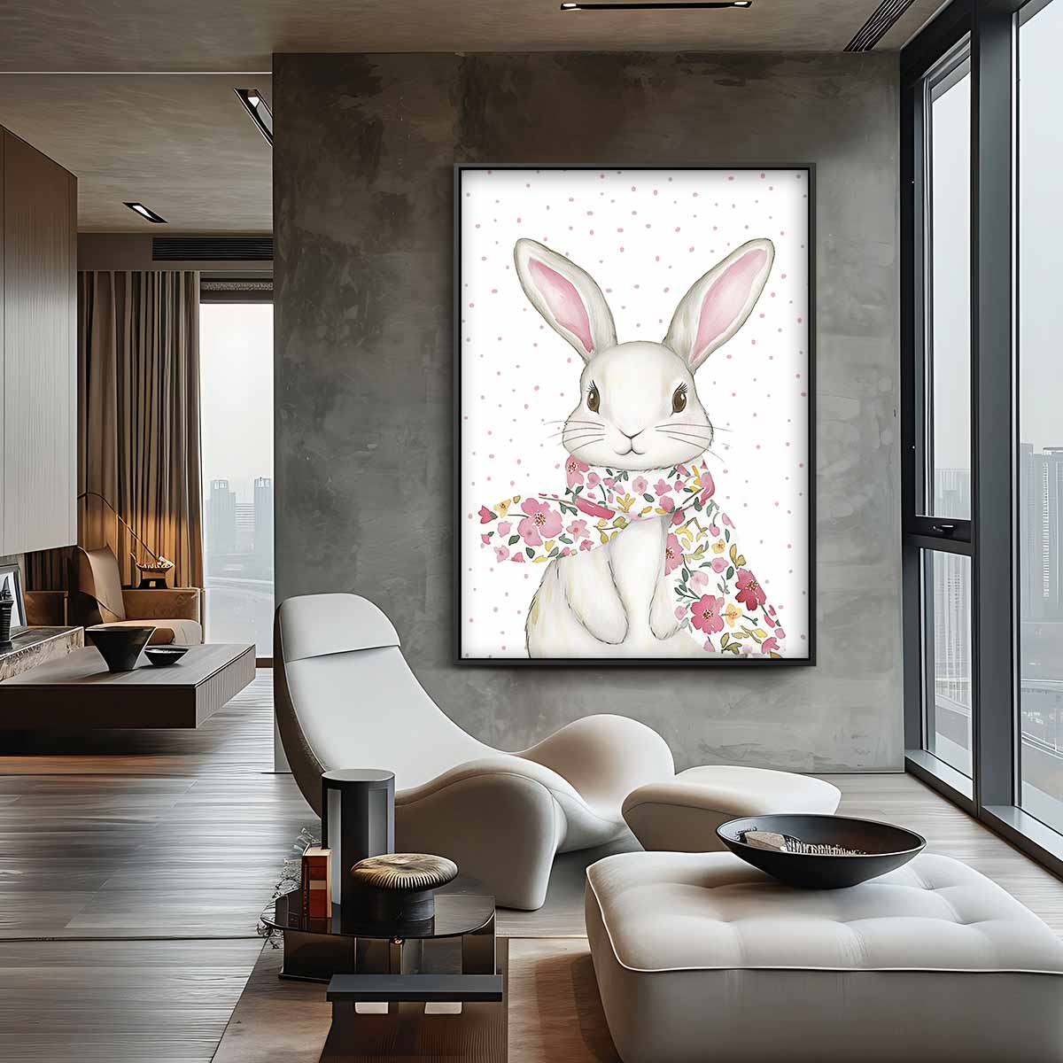 Schattige Bloemensjaal Konijn Kunstwerk-canvas-dibond-plexiglas-wanddecoratie-WallArtistic