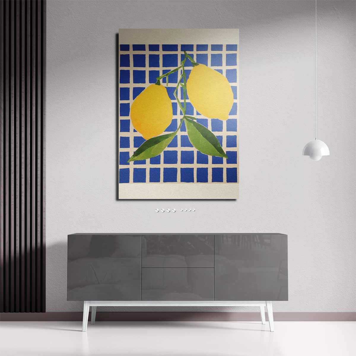 Citroenen op Blauw Geruit Kunstwerk-canvas-dibond-plexiglas-wanddecoratie-WallArtistic