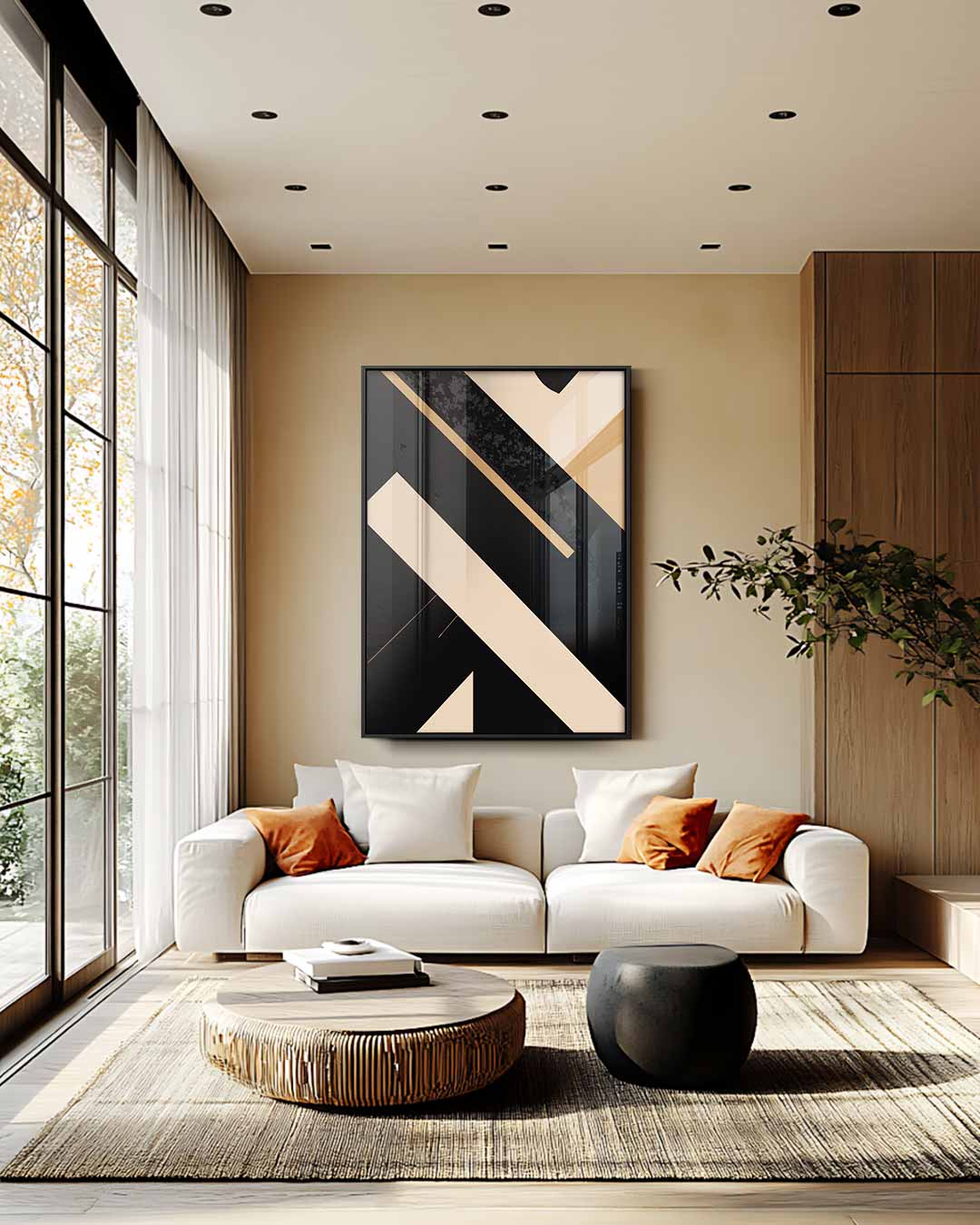 Abstracte Beige Lijnen op Zwart Kunstwerk-canvas-dibond-plexiglas-wanddecoratie-WallArtistic