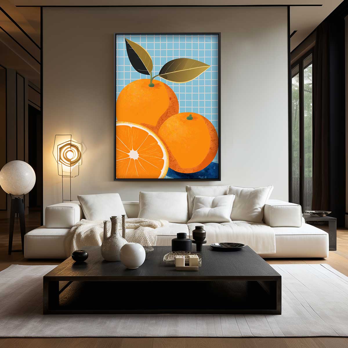 Vrolijke Sinaasappels op Blauw Kunstwerk-canvas-dibond-plexiglas-wanddecoratie-WallArtistic