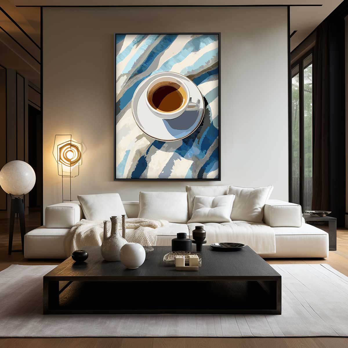 Koffiemoment in Blauwe Strepen Kunstwerk-canvas-dibond-plexiglas-wanddecoratie-WallArtistic