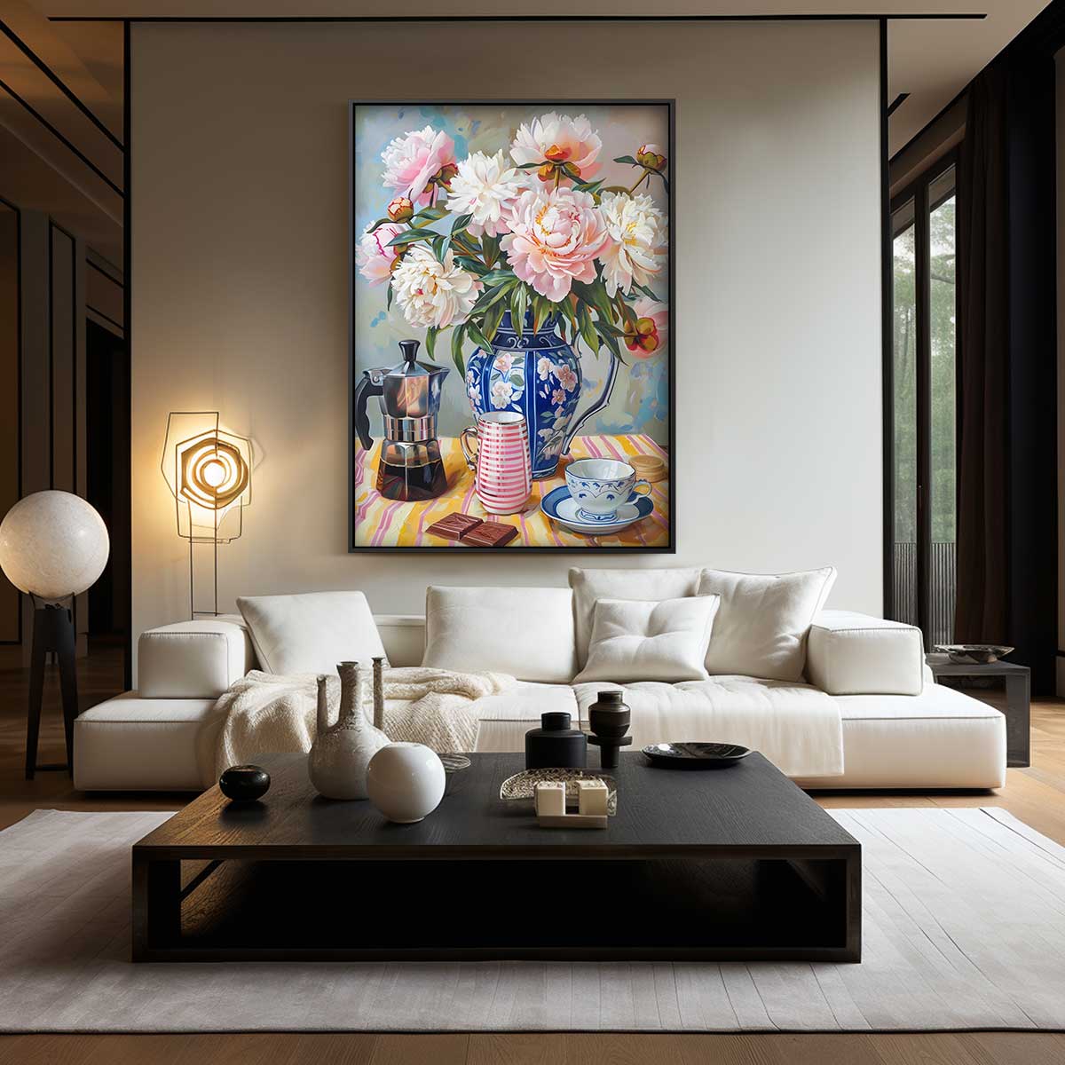 Pioenrozen en Koffie Genot Kunstwerk-canvas-dibond-plexiglas-wanddecoratie-WallArtistic