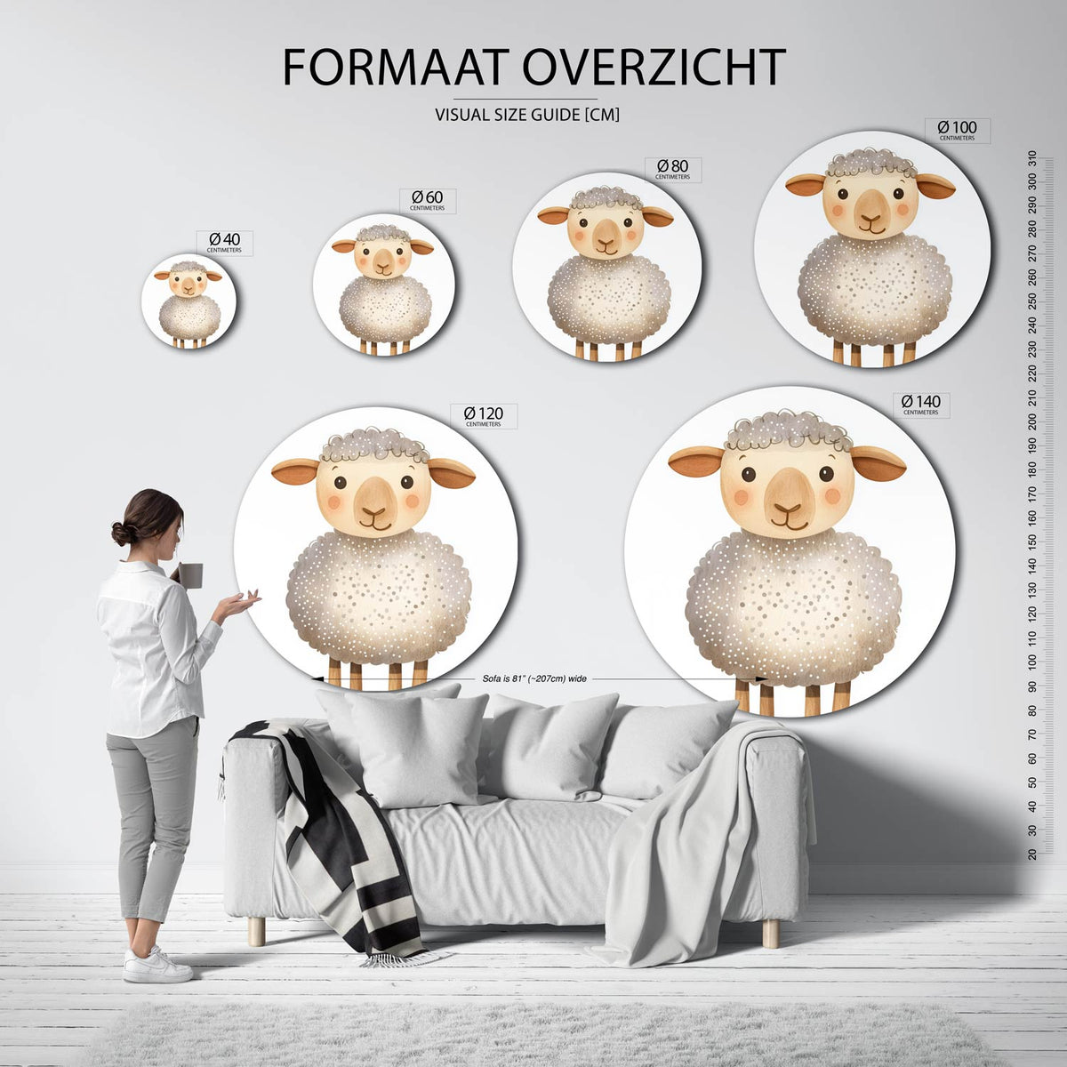 Schattig schaap Muurcirkel – extra productweergave – Een vriendelijk schaap met een wollige vacht in zachte beige en bruine