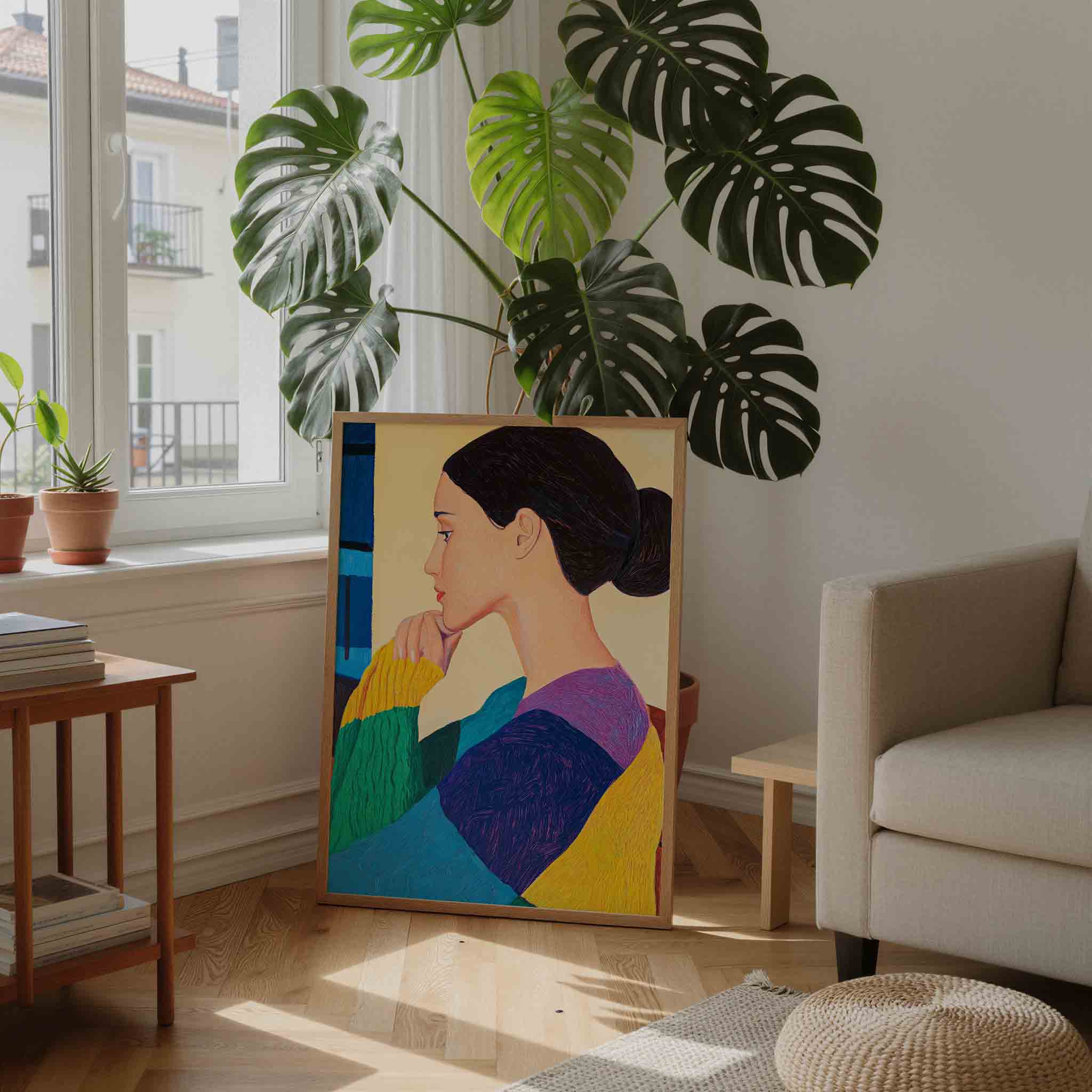 Vrouw in kleurrijke trui Poster