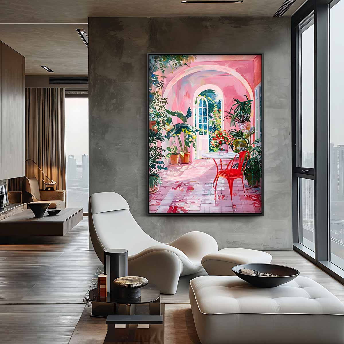 Roze Dromerige Tuinserre Schilderij Kunstwerk-canvas-dibond-plexiglas-wanddecoratie-WallArtistic